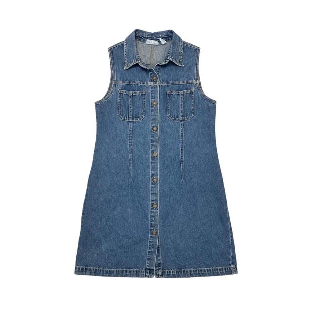 Vintage 90s Denim Dress Sleeveless Button Large Blue Mini Heritage Western Boho